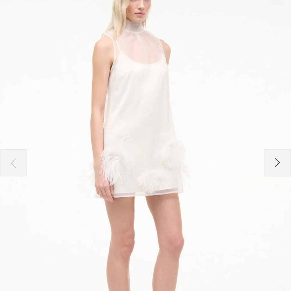 STAUD White Sheer Yoke Feather-Trim Mini Dress